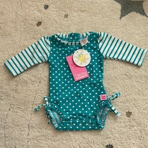 Ruffle Butts Teal and White Polka Dot Kids Swim One Piece